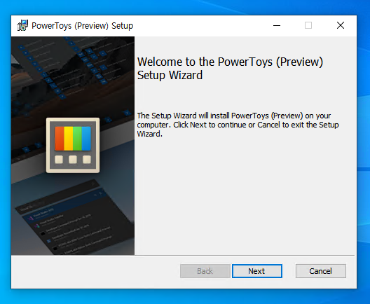 PowerToys (Preview) Setup 
Welcome to the Power Toys (Preview) 
Setup Wizard 
The Setup Wizard will install Power Toys (Preview) on your 
computer Click Next to continue or Cancel to exit the Setup 
Wizard. 